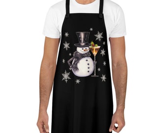 Snowman Snowflakes Mistletoe Cocktail Bartender Christmas Party Decor Happy Holidays Seasons Greetings Unisex Kitchen Chef Apron - Black