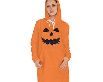 Pumpkin Face Costume Orange and Black Halloween Gifts for Women Girls and Girlfriends Trick Or Treat Jack-O-Lantern Women's Hoodie Dress