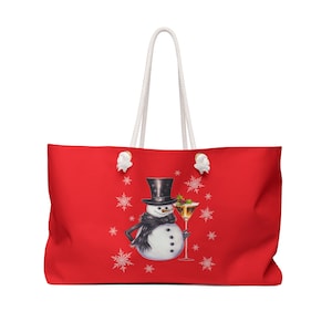 Smiling Snowman Snowflakes Mistletoe Cocktail Christmas Party Decor Happy Holidays Seasons Greetings Xmas Travel Tote Weekender Bag - Red