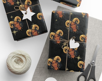 Aries Season Mythical Ram Goddess March April Birthday Party Decor Zodiac Astrology Gift For Women Girlfriend Gift Wrapping Paper - Black
