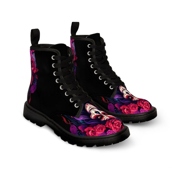 Day Of The Dead La Catrina Dia De Los Muertos Art Halloween Clothing Spooky Fun Footwear Trick Or Treat Women's Canvas Black Boots - Black