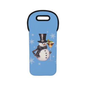 Smiling Snowman Snowflakes Mistletoe Cocktail Christmas Party Decor Happy Holidays Seasons Greetings Wine Lover Gift Travel Tote Bag - Blue