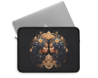 Black Gemini Birthday Zodiac Astrology Mythical Goddess Art Print Gifts for Women Girlfriends Twins Black and Gold Laptop Sleeve Travel Case
