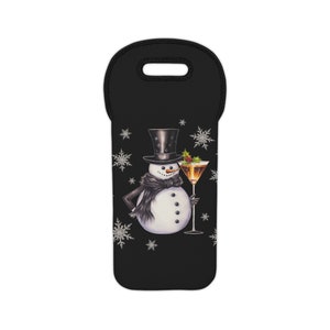Smiling Snowman Snowflakes Mistletoe Cocktail Christmas Party Decor Happy Holidays Seasons Greetings Wine Lover Gift Travel Tote Bag - Black