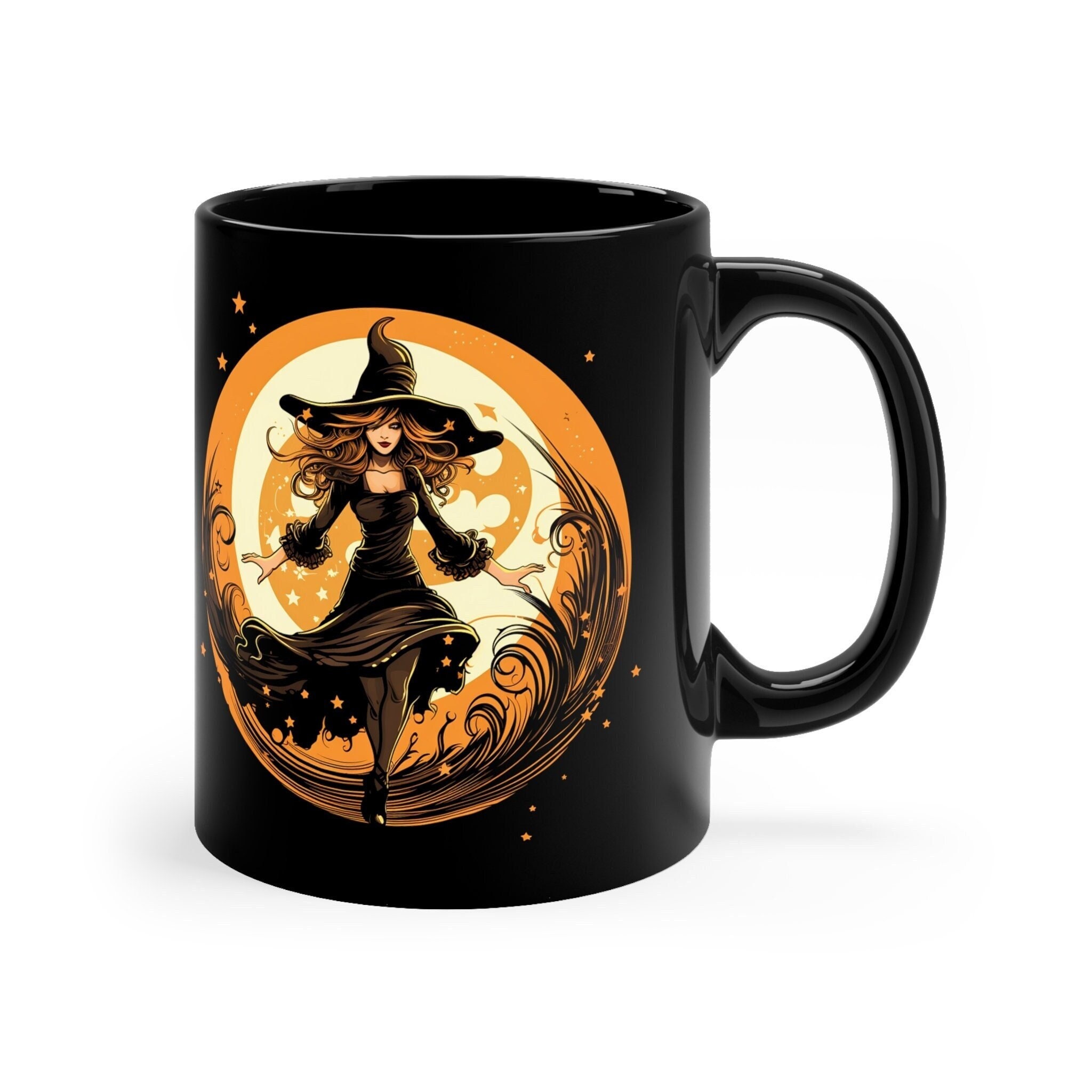 Red Headed Witch Art Print Happy Halloween Haunted House Decorations Trick Or Treat Home Decor Gifts Spooky Scary Witchy Black Coffee Mug