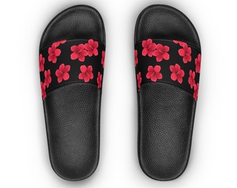 Hibiscus Floral Bouquet Garden Lover Tropical Island Girl Beautiful Hawaiian Flowers Red and Pink Gifts For Women Cute Slide Sandals - Black