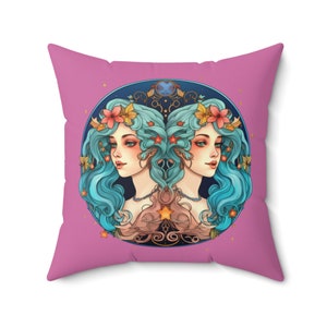 Blue Fairy Gemini Birthday Zodiac Mythical Art Print Housewarming Gifts for Women Living Room Bedroom Decor Square Accent Pillow - Pink