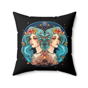 Blue Fairy Gemini Birthday Zodiac Mythical Art Print Housewarming Gifts for Women Living Room Bedroom Decor Square Accent Pillow - Black