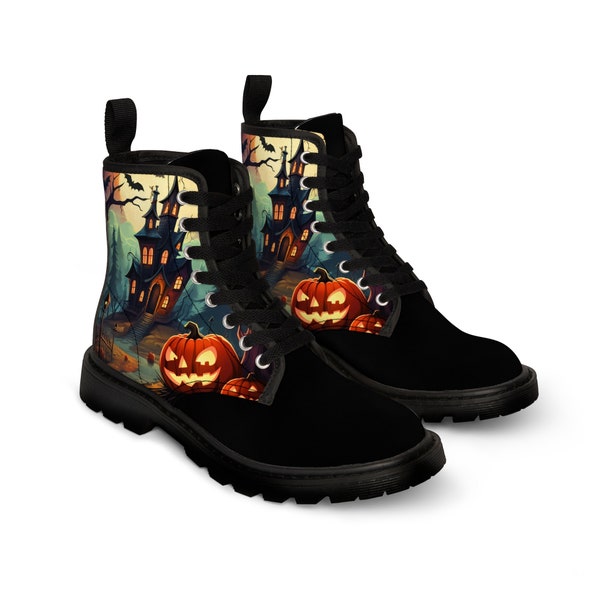 Creepy Haunted House Art Print Happy Halloween Clothing And Shoes Spooky Fun Footwear Trick Or Treat Costume Gifts Womens Canvas Black Boots