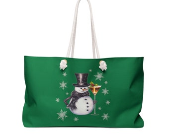 Smiling Snowman Snowflakes Mistletoe Cocktail Christmas Party Decor Happy Holidays Seasons Greetings Xmas Travel Tote Weekender Bag - Green