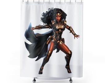 Black Shero Super Woman Shower Curtain, Comic Book Badass Action Figure Hero Graphic Novel Heroine Wonder Gifts for Women Mom Girls Bathroom