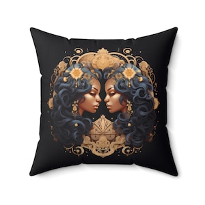 Black Gemini Birthday Zodiac Mythical Art Print Home Decor Housewarming Gift for Women Living Room Bedroom Square Black Gold Accent Pillow