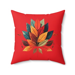 Colorful Geometric Autumn Leaves Housewarming Gift for Fall Season Art Print Fall Home Decor Living Room Bedroom Square Throw Pillow - Red