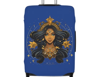 Beautiful Lady Virgo Season September Birthday Zodiac Sign Astrology Gifts for Women Men Black And Gold Travel Suitcase Luggage Cover - Blue