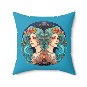 Blue Fairy Gemini Birthday Zodiac Mythical Art Print Housewarming Gifts for Women Living Room Bedroom Decor Square Accent Pillow - Turquoise