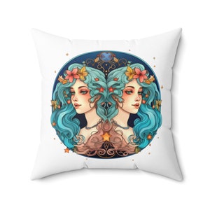 Blue Fairy Gemini Birthday Zodiac Mythical Art Print Housewarming Gifts for Women Living Room Bedroom Decor Square Accent Pillow - White