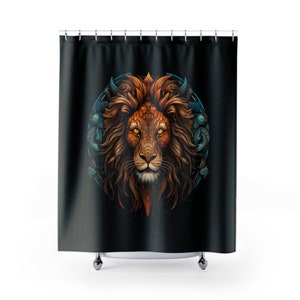 Mythical Leo Lion August Birthday Astrology Zodiac Art Print Housewarming Gifts for Men Women Bathroom Black Gold and Blue Shower Curtains