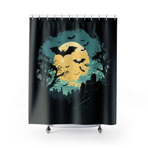 Flying Bats Yellow Moon Scary Creepy Haunted House Spooky Halloween Party Decorations Trick Or Treat Gifts Black Bathroom Shower Curtains