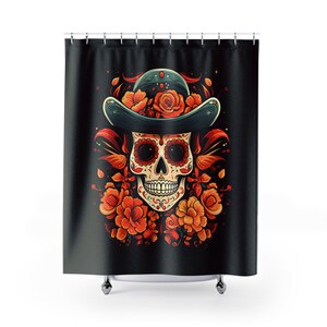 Day Of The Dead Dia De Los Muertos Orange Black Home Decor Gifts for Halloween Decorations Trick Or Treat Spooky Bathroom Shower Curtains