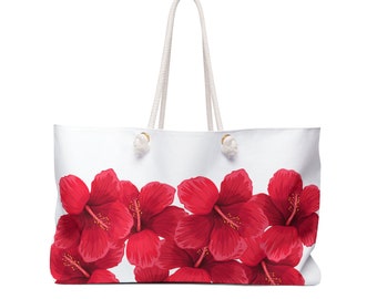 Hibiscus Floral Bouquet Travel Tote Garden Lover Tropical Beach Hawaiian Flowers Beautiful Good Luck Women's Red and White Weekender Bag
