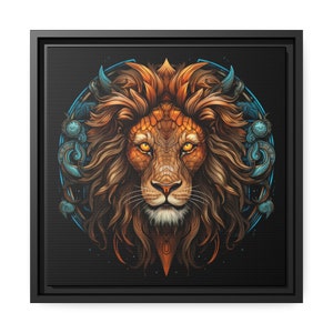 Mythical Leo Lion August Birthday Astrology Zodiac Housewarming Gifts for Men Women Living Room Gallery Canvas Square Black Frame Wall Art