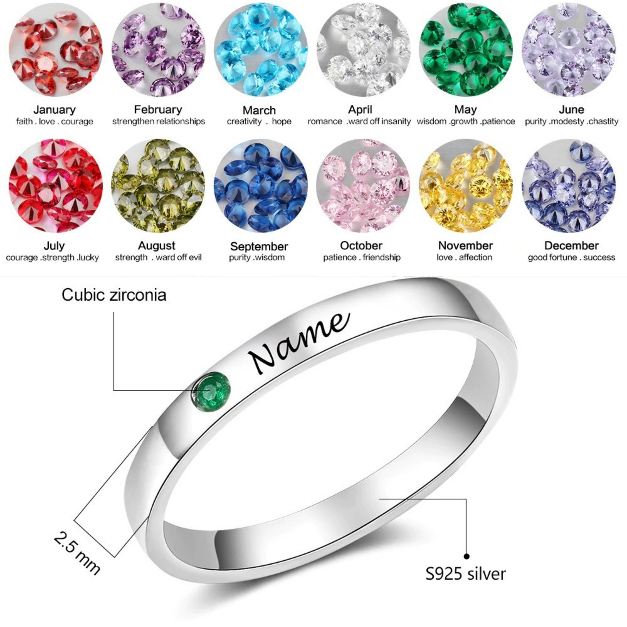 Personalized Name Ring with Birthstone 925 Sterling Silver Etsy