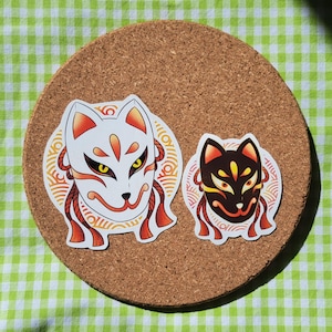 Kitsune-stickers, Japan, fantasiestickers, decoratie, anime-stickers, otaku, kawaii, leuk, witte kitsune, zwarte kitsune, folklore