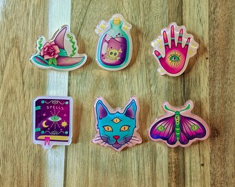Kawaii acrylic pins, pastel witch pins, aesthetic pins, witchcore pins, alt pins, cottagecore pins, anime kawaii pins, cute witch aesthetic