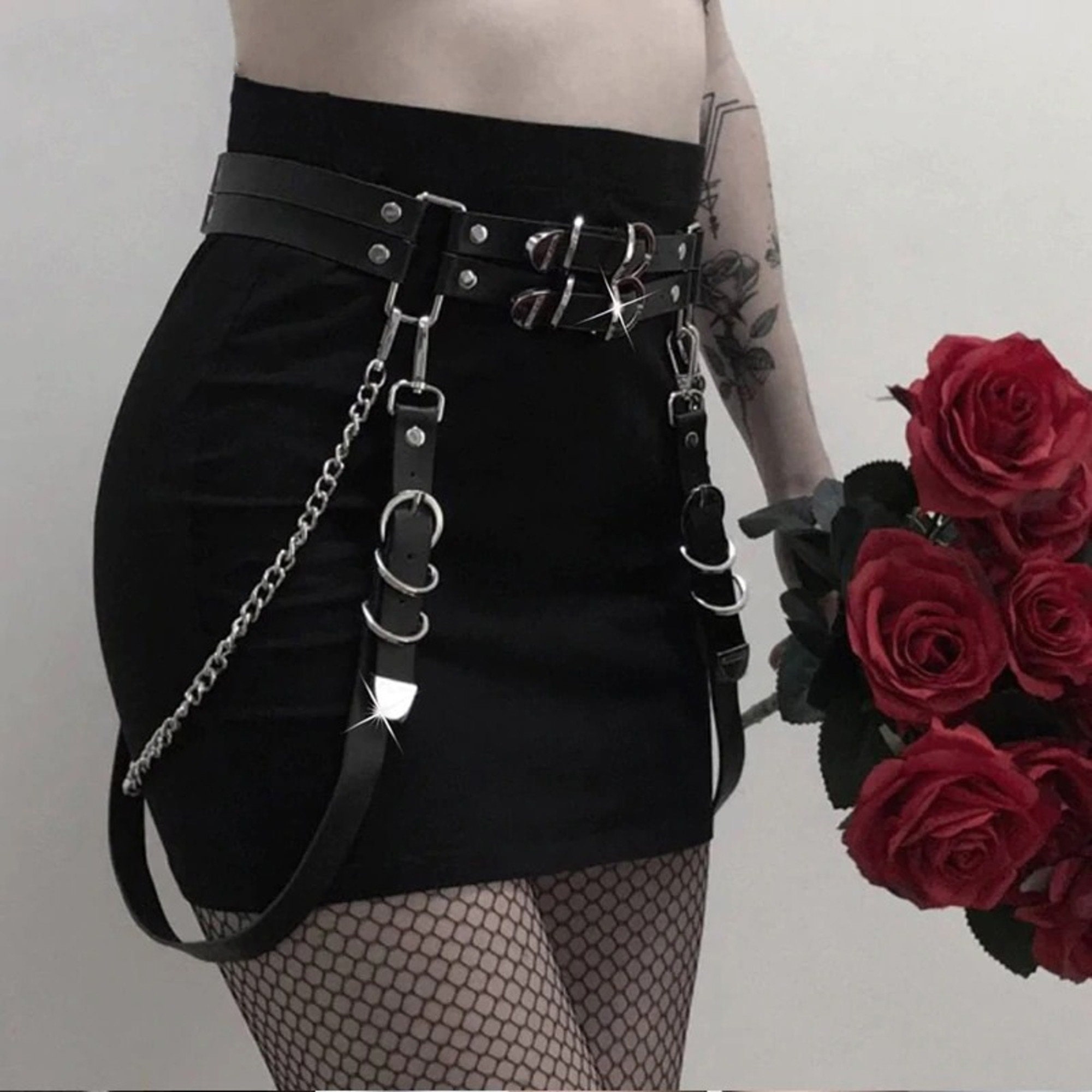 Gothic Punk Faux Leather Belt Metal Chain Ring Waist Strap Etsy