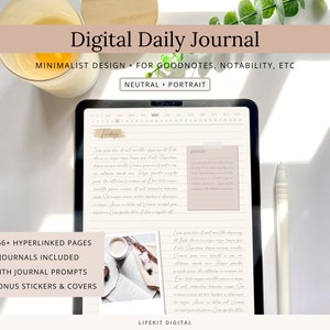 Digital Daily Journal Portrait, Boho Neutral Journal, Goodnotes Diary, Daily Journal Prompts, Hyperlinked Journal, Ipad Daily Notepad