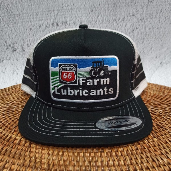 Vintage Custom White/Black Philips 66 Farm Lubricants Rare Logo Patch Trucker Hat 3 Stripe Lines Adjustable Snap Back Cap Retro Style VTG