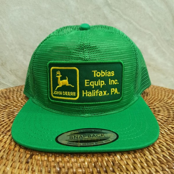 Vintage Custom John Deere Tobias Equip. Inc. Halifax PA Green Full Mesh Logo Patch Trucker Hat 3 Stripe Adjustable Snapback Cap Retro Style