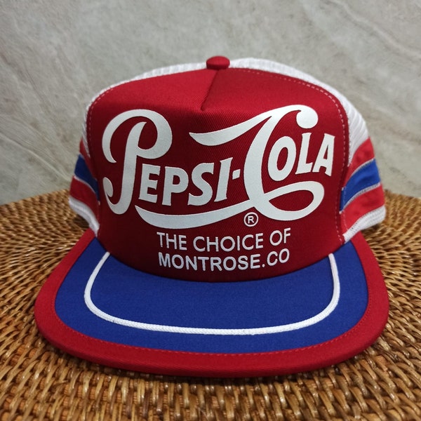 Vintage Style Pepsi Cola The Choice of Montrose Co Nice Logo Full Mesh Trucker Hat 3 Stripes Adjustable Snapback Cap Retro Style VTG Look