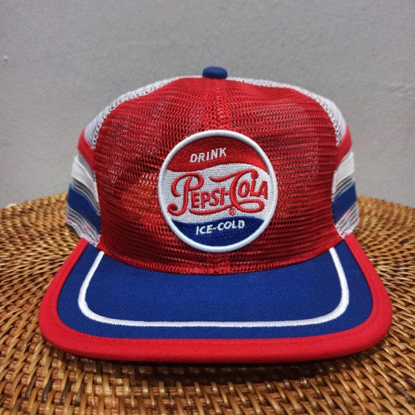 Vintage Pepsi Cola Drink Ice Cold Nice Logo Embroidered Patch Full Mesh Trucker Hat 3 Stripe Adjustable Snap Back Cap Retro Style VTG Look