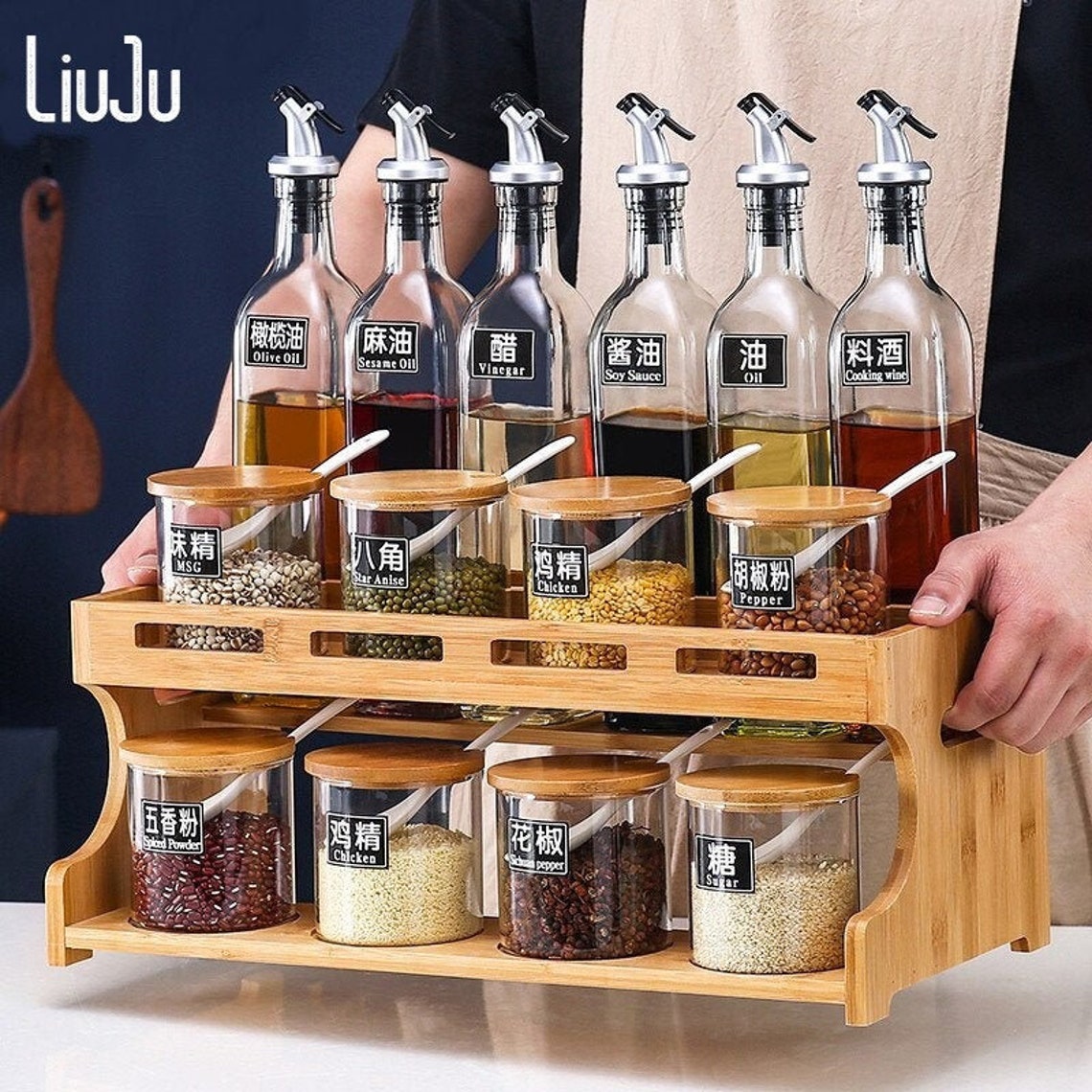 Household Seasoning Storage Box and Bamboo Rack Glass Oil Etsy