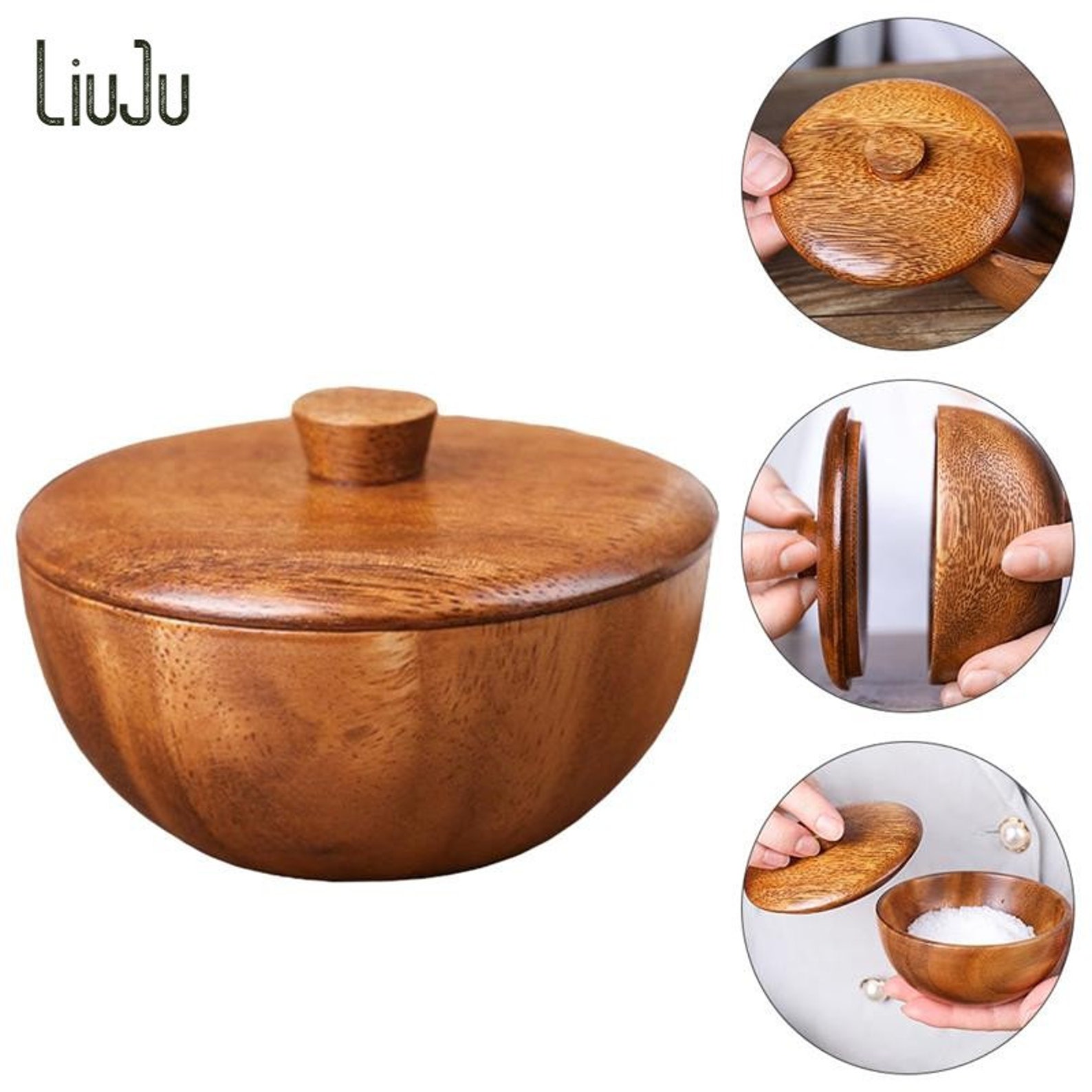 Acacia Wooden Rice Bowl with Lid Creative Seasoning Bowl Etsy