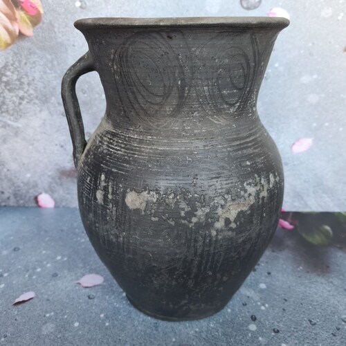 Antique black pot - ceramic pitcher - milk jug ewer - Pottery shops vessel - Farmhouse - Home decor - Rustic Decor #97