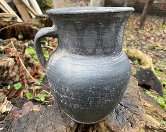 Antique black clay pot - ceramic pitcher - milk jug ewer - Pottery vessel - Farmhouse - Home decor - Rustic Decor #65