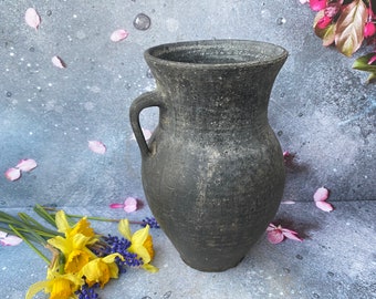 Antique black pot - ceramic pitcher - milk jug ewer - Pottery vessel - Farmhouse - Home decor - Rustic Decor #216