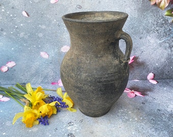 Antique black pot - ceramic pitcher - milk jug ewer - Pottery vessel - Farmhouse - Home decor - Rustic Decor #213