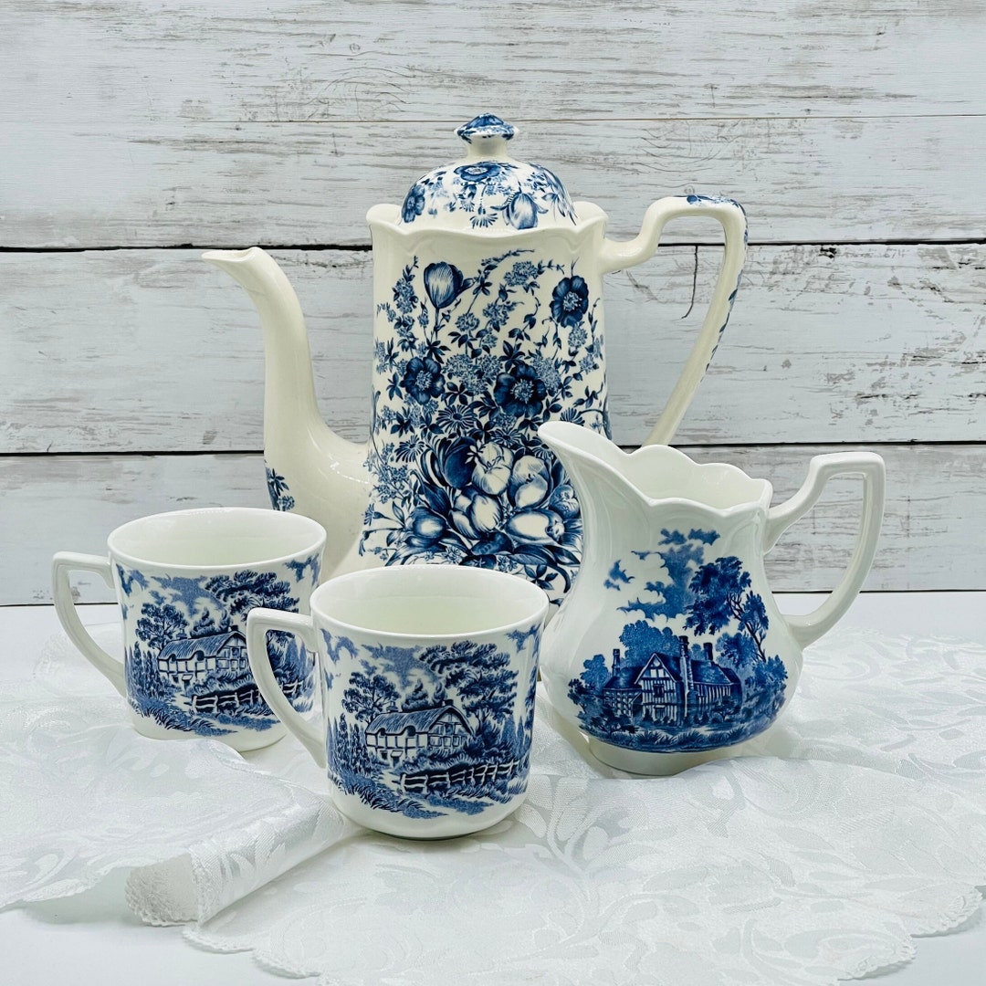 Blue and White Teapot Set Mismatched Tea Cups & English Transferware