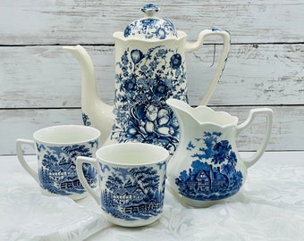 Blue and White Teapot Set | Mismatched Tea Cups & English Transferware Pitcher | Afternoon Tea Set for Two