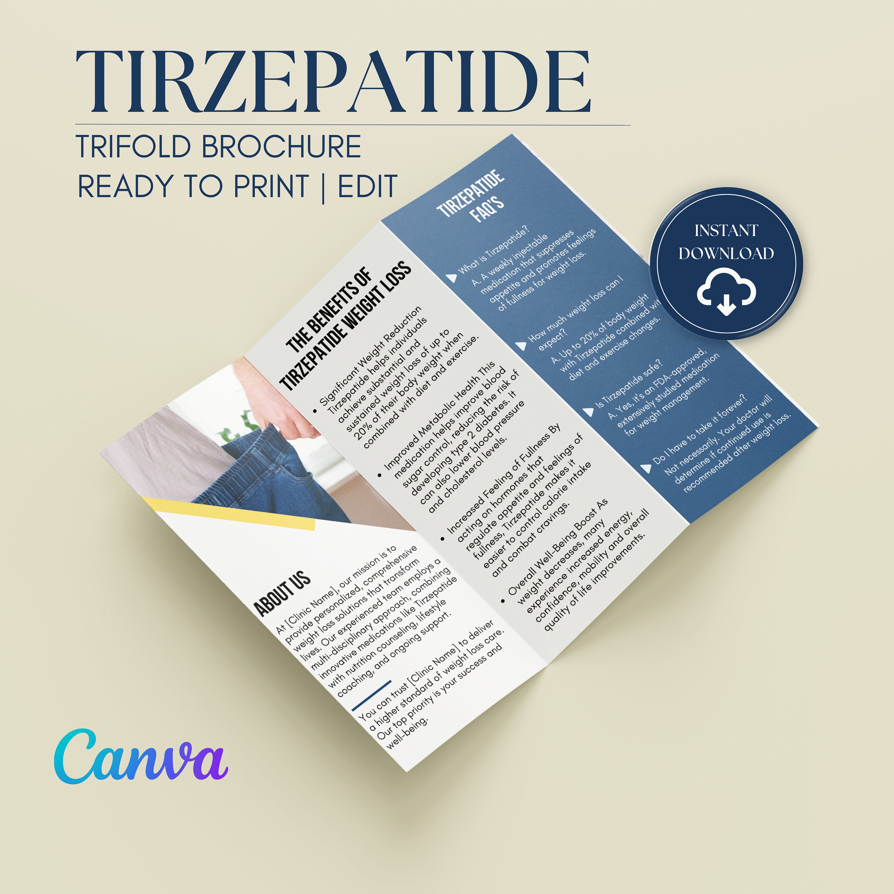 Tirzepatide Weight Loss Trifold Brochure: Editable Canva Template (8.5 X 11  Inches)