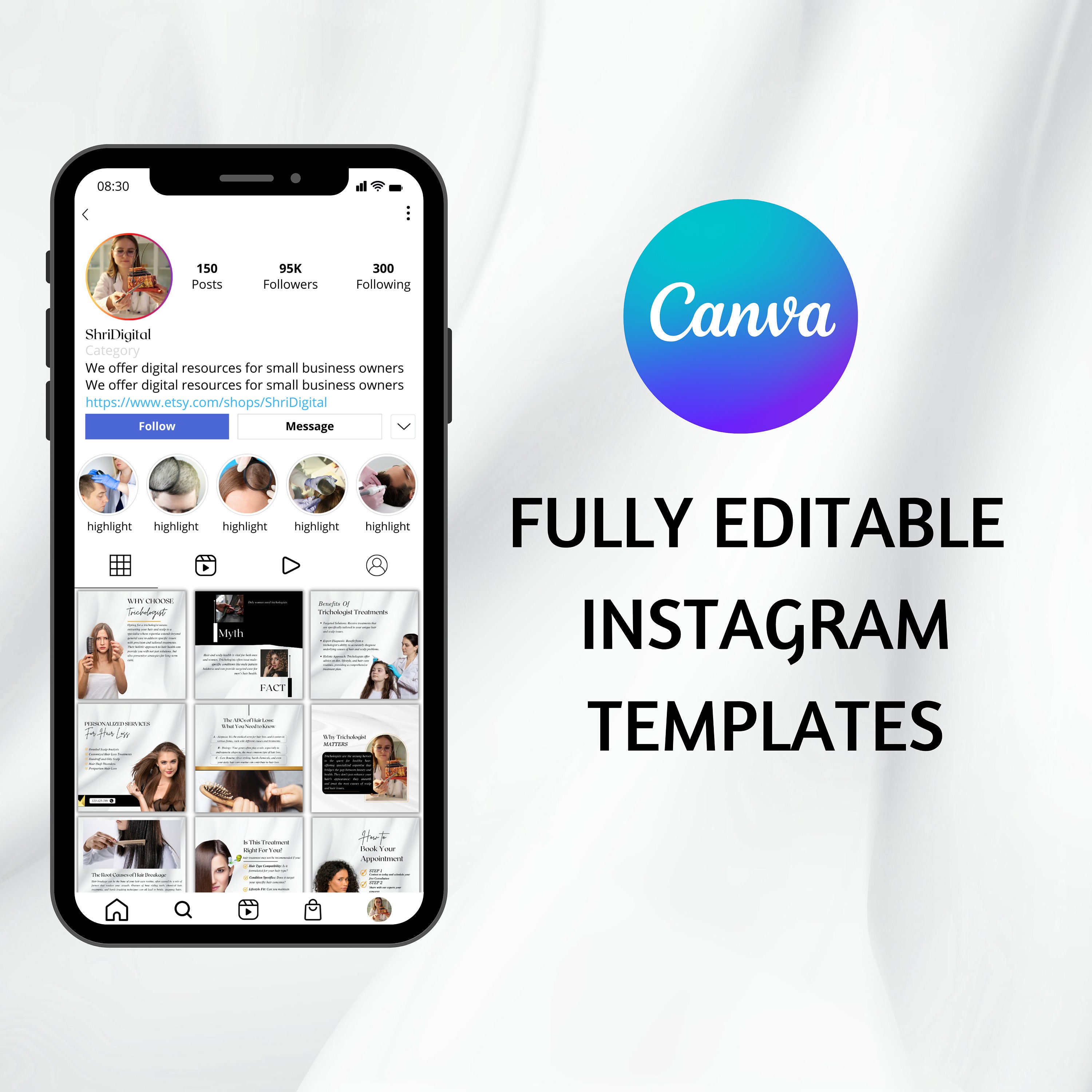Trichology Instagram Post Canva Templates - Editable Social Media Kit ...