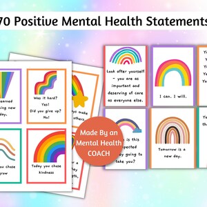 70 afirmaciones positivas, tarjetas arcoíris de atención plena, citas sobre salud mental infantil, frases imprimibles sobre salud mental, tarjetas imprimibles
