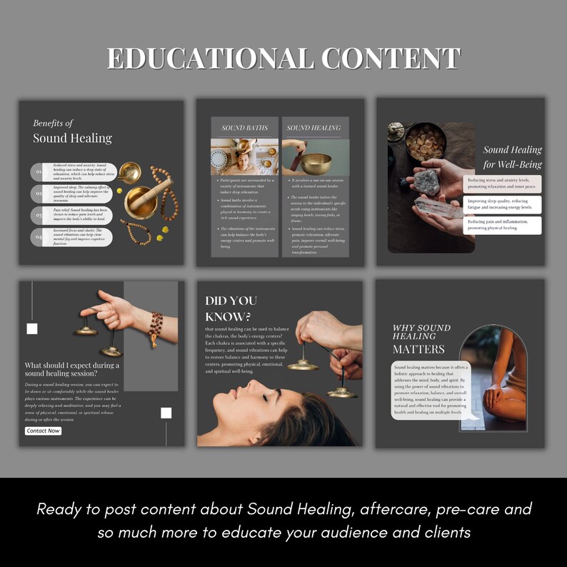 Op de afbeelding: Educatieve content over klankhealing, inclusief de voordelen, wat je tijdens een sessie kunt verwachten en waarom het belangrijk is voor het welzijn. De tekst bevat de zinnen "Klankhealing", "Wist je?" en "Waarom klankhealing belangrijk is".