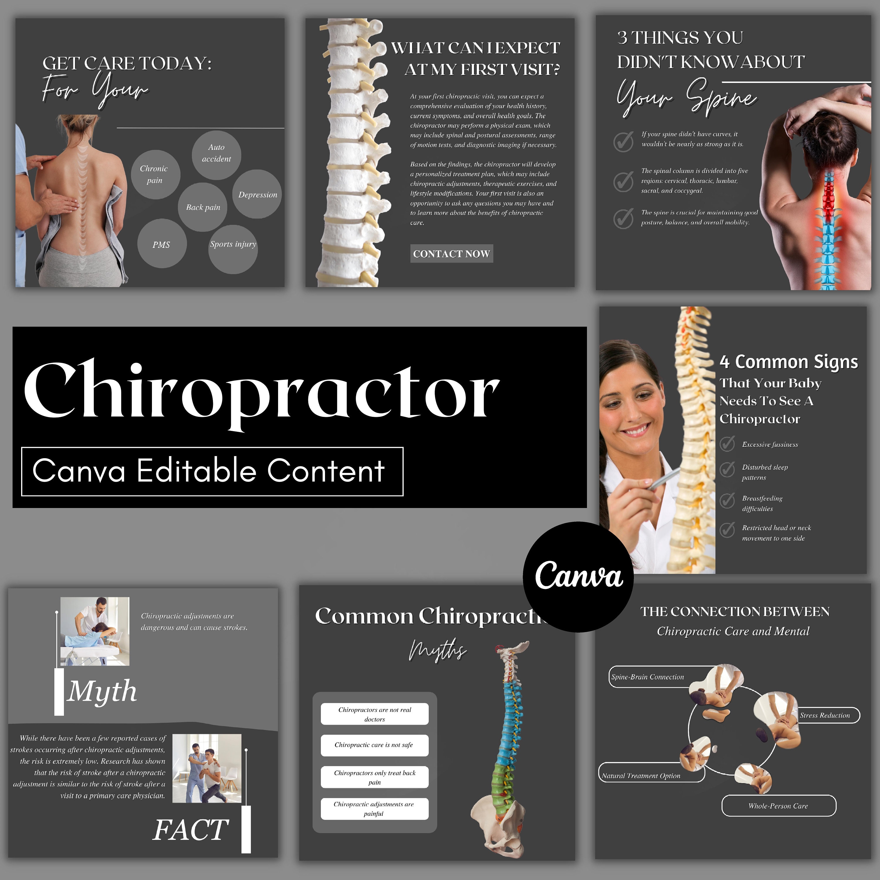 50 Chiropractor Social Media Posts | Editable Canva Templates, chiropractic doctor, medical care business, chiropractic Instagram