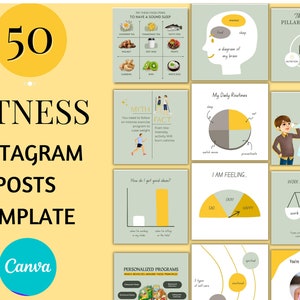 50 Fitness Canva Template , Fitness Instagram Templates, Nutrition Instagram Template, Fitness Post , Health wellness Coach Templates