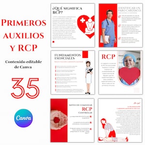 May include: A set of six colorful infographic cards with red borders and white text explaining the basics of CPR. The cards feature illustrations of medical professionals and hearts. The text includes the Spanish words "Primeros Auxilios y RCP" which translates to "First Aid and CPR".