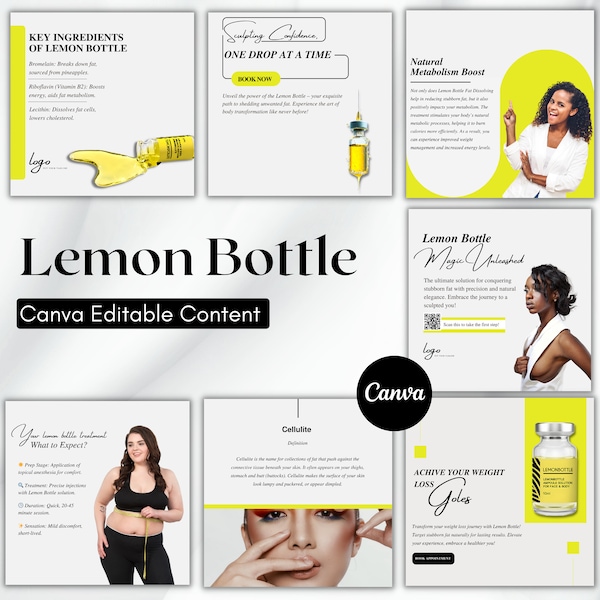 LEMON BOTTLE fat dissolving canva templates | Lemon Bottle branding kit, Instagram Canva template